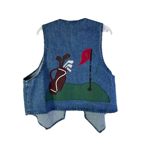 Vintage 90s One Size Golf Course Patchwork Denim Jean Vest Streetwear Whimsy - Picture 1 of 8